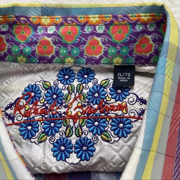 Robert Graham Shirt Mens XL Floral Orange Gingham Multicolored Flip Cuff Button - Picture 11 of 12